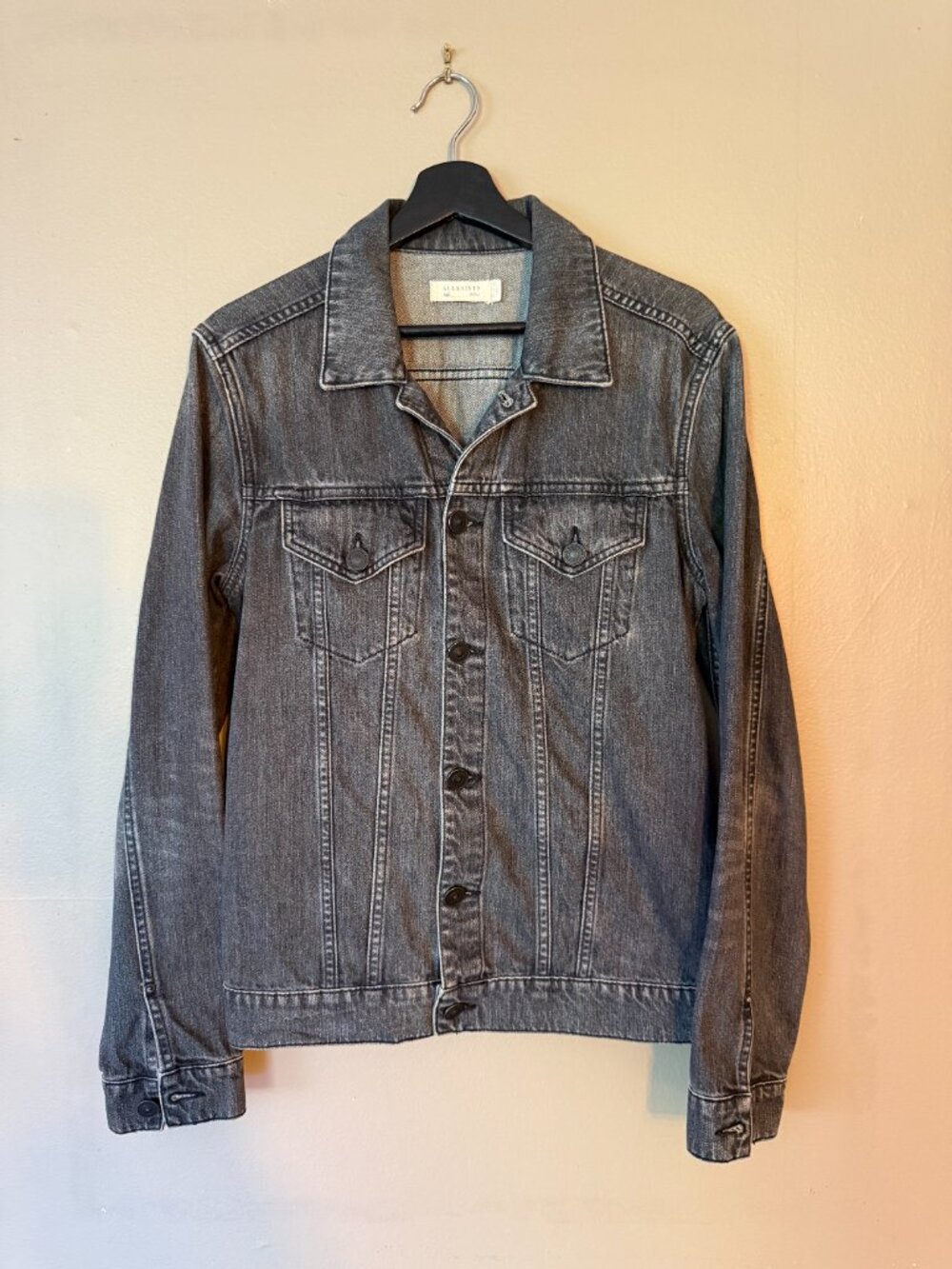 AllSaints Men's Faded Black Denim Trucker Jacket Small